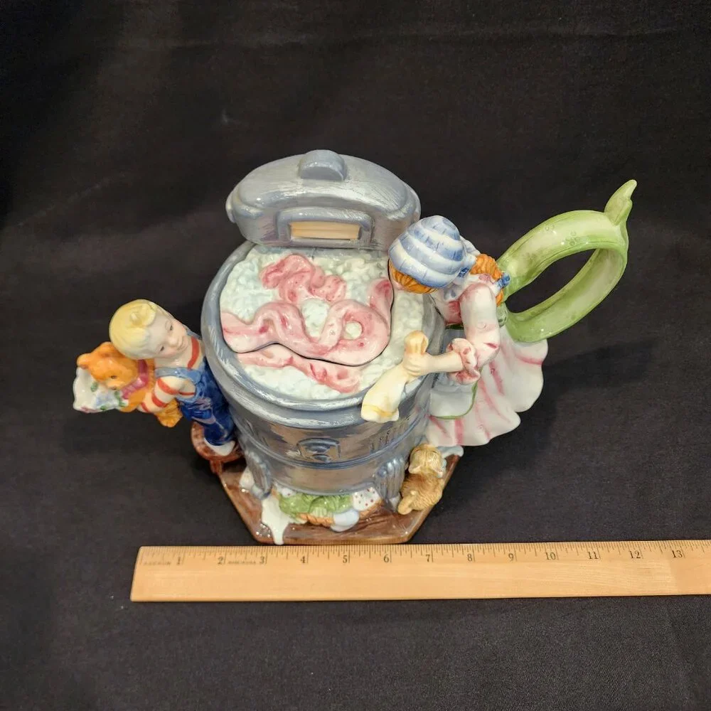 Vintage Ceramic Teapot Old Fashioned Ringer Washer Mom and Son, Rare